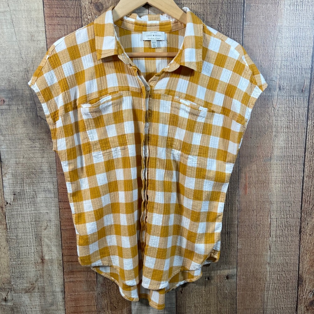 Lucky Brand Golden Yellow Gingham Gauze Button Down Shirt Women Medium Boho